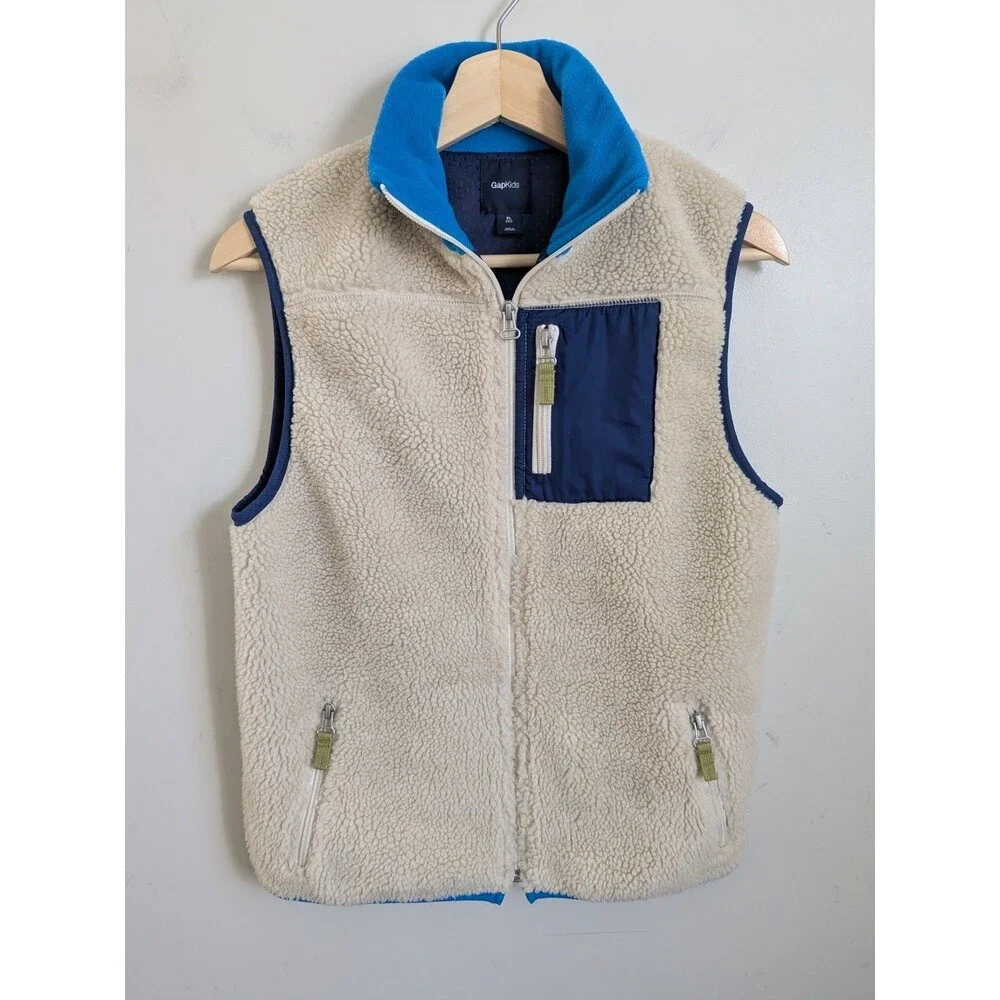 GAP Kids Boys Sherpa Vest Teddy Fleece Beige Blue Pockets XL 12 Hiking Outdoor